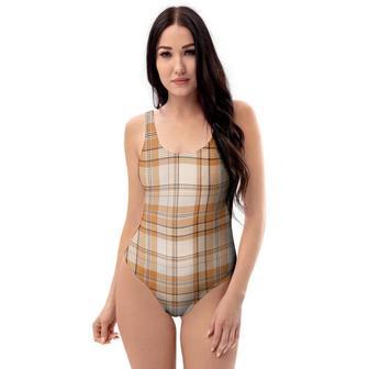 Beige Plaid Tartan Print One Piece Swimsuite | Newhawaiianshirts DE