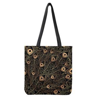 Black And Gold Peacock Feather Print Tote Bag | Newhawaiianshirts DE