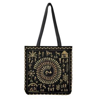 Black And Gold Warli Tribal Print Tote Bag | Newhawaiianshirts DE