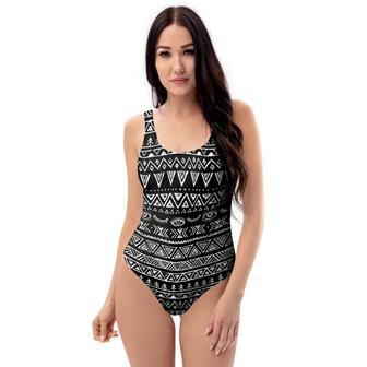 Black And White Doodle Tribal Aztec Print One Piece Swimsuite | Newhawaiianshirts AU