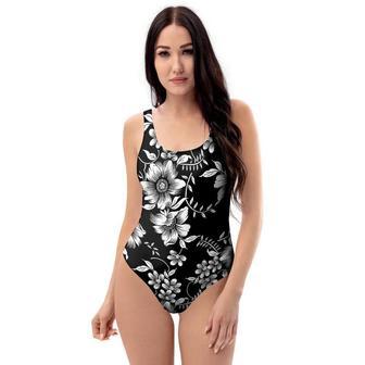 Black White Floral Print One Piece Swimsuite | Newhawaiianshirts CA