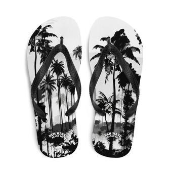 Black White Inky Faded Photo Island Palm Tree Flip Flops | Newhawaiianshirts CA