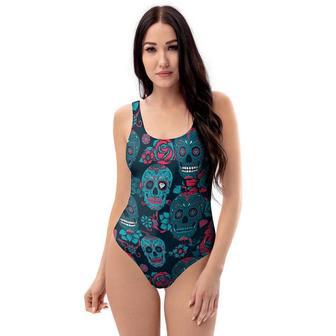 Blue And Red Floral Sugar Skull One Piece Swimsuite | Newhawaiianshirts AU