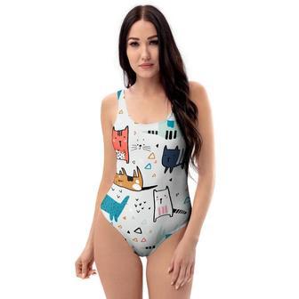 Cute Cartoon Doodle Cat Print One Piece Swimsuite | Newhawaiianshirts AU