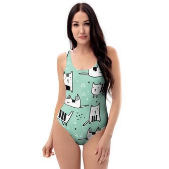 Cute Green Doodle Cat Print One Piece Swimsuite | Newhawaiianshirts CA