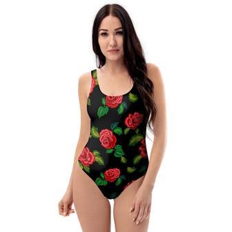 Embroidery Red Rose Floral Print One Piece Swimsuite | Newhawaiianshirts CA