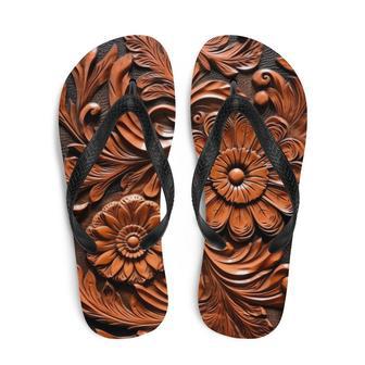 Faux Brown Leather Scrolled Design -Brown Flip-Flops | Newhawaiianshirts