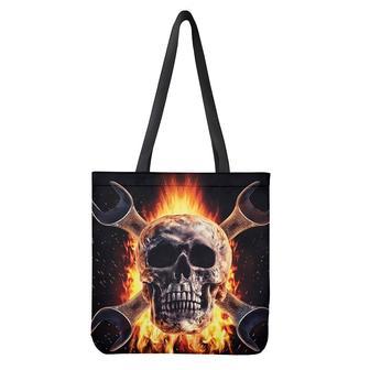 Flaming Skull And Cross Wrench Print Tote Bag | Newhawaiianshirts