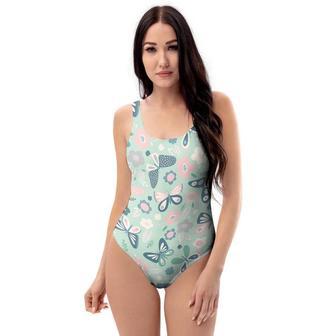 Floral Mint Butterfly Print One Piece Swimsuite | Newhawaiianshirts