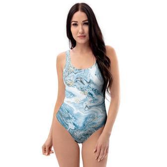 Golden Powder Blue Marble One Piece Swimsuite | Newhawaiianshirts