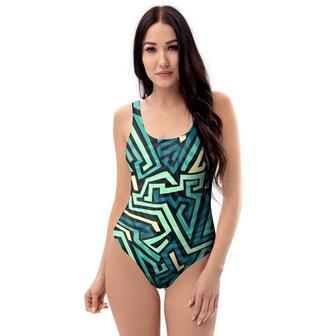 Green Geometric Abstract One Piece Swimsuite | Newhawaiianshirts