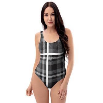 Grey Plaid Tartan One Piece Swimsuite | Newhawaiianshirts CA