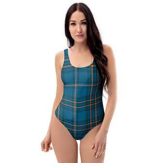 Navy Blue Plaid Tartan One Piece Swimsuite | Newhawaiianshirts CA