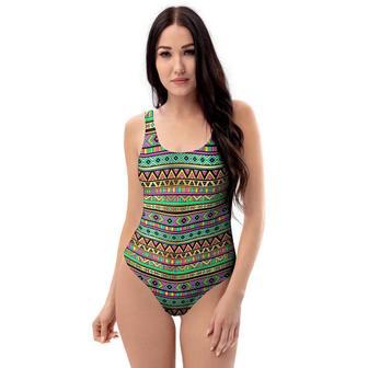 Neon Multicolor Ethic Aztec Aztec Grunge Geometric Print One Piece Swimsuite | Newhawaiianshirts UK