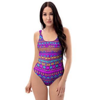 Neon Multicolor Ethic Aztec Doodle Print One Piece Swimsuite | Newhawaiianshirts UK