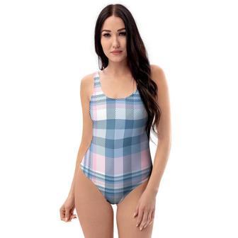 Pastel Blue And Pink Plaid Tartan One Piece Swimsuite | Newhawaiianshirts CA