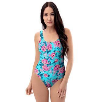 Pink And Blue Rose Floral One Piece Swimsuite | Newhawaiianshirts CA