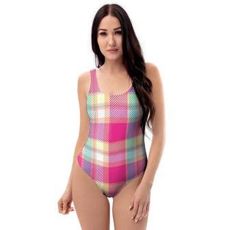 Pink Plaid Tartan Print One Piece Swimsuite | Newhawaiianshirts