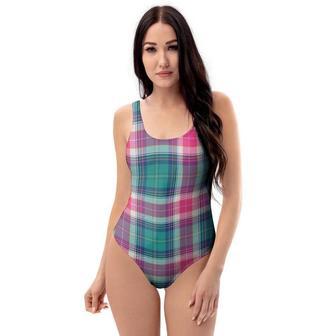 Pink Teal Plaid Tartan One Piece Swimsuite | Newhawaiianshirts DE