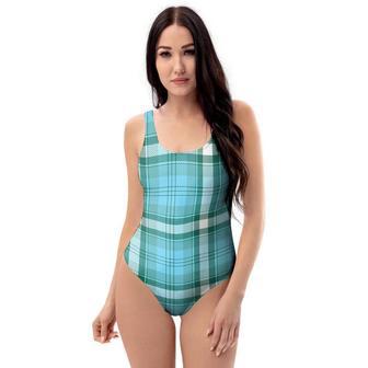 Tartan Aqua Blue Plaid One Piece Swimsuite | Newhawaiianshirts CA