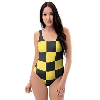 Yellow Checkered Print One Piece Swimsuite | Newhawaiianshirts UK