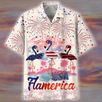 All Over Print Flamingo and Firework Pattern Independence Hawaiian Shirt | Newhawaiianshirts