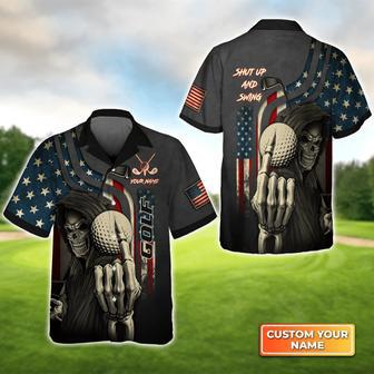 America Flag Skull Golf Shut Up And Swing Personalized Name Hawaiian Shirt Gift For Golfer | Newhawaiianshirts CA