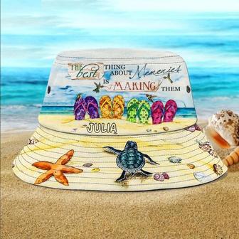 Beach Turtle Flip Flop Bucket Hat, Custom Name Beach Pattern Turtle Lovers Bucket Hats | Newhawaiianshirts AU