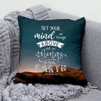 Bible Verse Pillow - Jesus Pillow - Mountain Sunset Pillow - Gift For Christian - Colossians 3:2 Set Your Mind On Things Above Throw Pillow - Monsterry CA