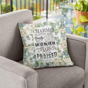 Bible Verse Pillow - Jesus Pillow - White Flowers Pillow - Gift For Christian- Proverbs 31:30 Charm Is Deceptive And Beauty Is Fleeting Throw Pillow - Monsterry UK