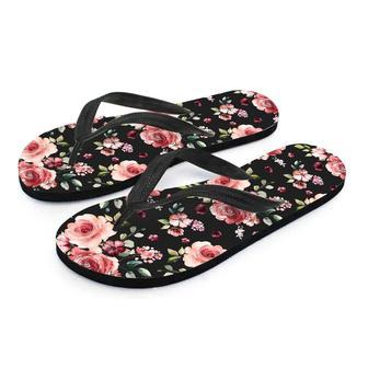 Black Pink Rose Flower Print Men's Flip Flops | Newhawaiianshirts DE