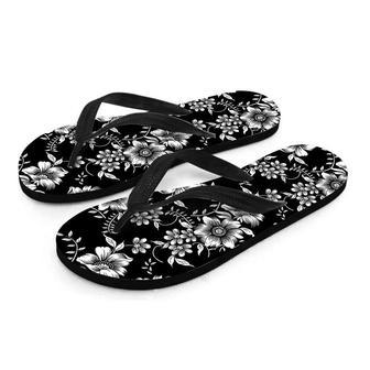 Black White Floral Print Men's Flip Flops | Newhawaiianshirts DE