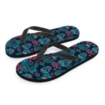 Blue And Red Floral Sugar Skull Men's Flip Flops | Newhawaiianshirts CA