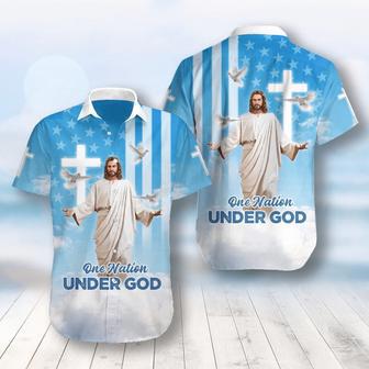 Blue One Nation Under God US Flag Jesus Independence Day July Hawaiian Shirt | Newhawaiianshirts AU