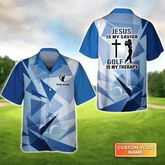 Blue Pattern Jesus Is My Savior Golf Is My Therapy Personalized Name Hawaiian Shirt Gift For Golfer | Newhawaiianshirts UK