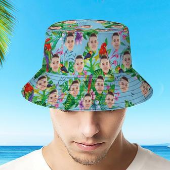 Custom Face Hat Tropical Flower Parrots Hawaiian Bucket Hat for Girl, Boys, Men | Newhawaiianshirts CA