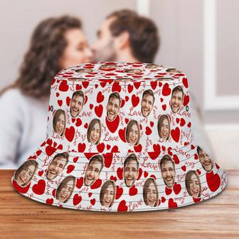 Custom Photo Couple Bucket Hat Heart Valentine Gift, Husband and Wife Summer Hat for Love | Newhawaiianshirts UK