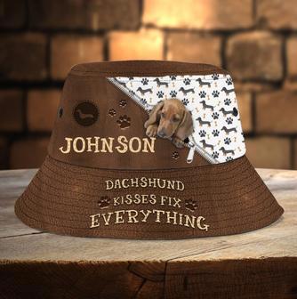 Customized Dachshund Kisses Fix Everything Bucket Hat, Leather Pattern Dachshund Dog Lovers Hat | Newhawaiianshirts AU