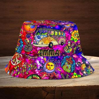 Customized Hippie Car Bucket Hat for Girl, Custom Name Colorful Hippie Girl Hats | Newhawaiianshirts