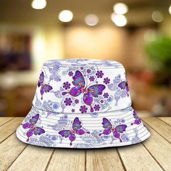 Flock Of Purple Butterfly Bucket Hat, Mandala Pattern Butterfly Bucket Hat For Women, Her | Newhawaiianshirts