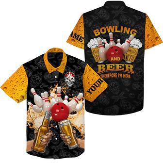 Funny Bowling Beer Skull Hawaiian Bowling Shirts Custom Name Bowling And Beer Therefore I'M Here | Newhawaiianshirts CA