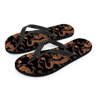 Gold Janpanese Dragon Print Men's Flip Flops | Newhawaiianshirts DE