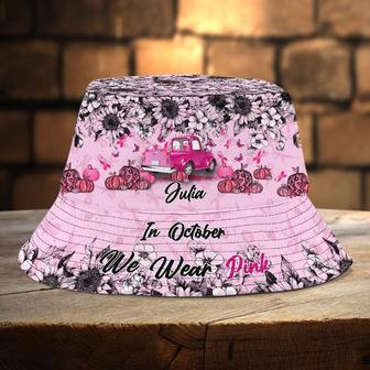 In October We wear Pink Breast Cancer Awareness Bucket Hat for Girl, Women, Pumpkin Pink Truck Bucket Hats | Newhawaiianshirts DE