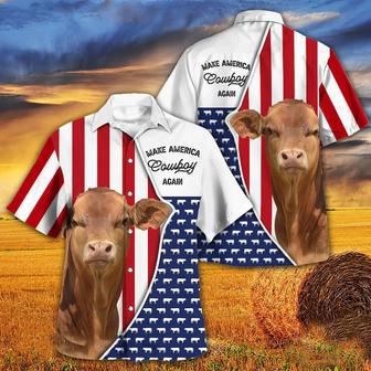 Independence Day Beefmaster Cattle Make America Cowboy Again With American Flag Pattern Hawaii Hawaiian Shirt | Newhawaiianshirts DE