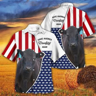 Independence Day Black Angus Cattle Make America Cowboy Again With American Flag Pattern Hawaii Hawaiian Shirt | Newhawaiianshirts DE