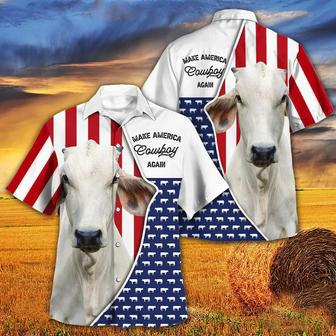 Independence Day Brahman Cattle Make America Cowboy Again With American Flag Pattern Hawaii Hawaiian Shirt | Newhawaiianshirts AU