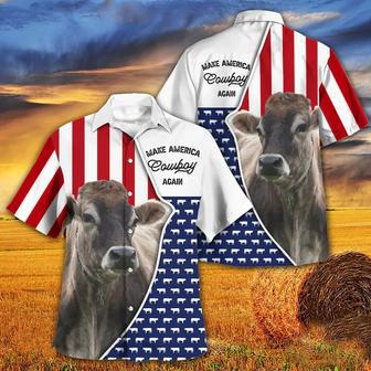 Independence Day Brown Swiss Cattle Make America Cowboy Again With American Flag Pattern Hawaii Hawaiian Shirt | Newhawaiianshirts AU