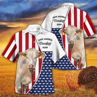 Independence Day Charolais Cattle Make America Cowboy Again With American Flag Pattern Hawaii Hawaiian Shirt | Newhawaiianshirts UK