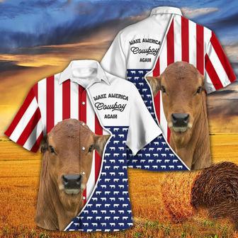 Independence Day Gelbvieh Cattle Make America Cowboy Again With American Flag Pattern Hawaii Hawaiian Shirt | Newhawaiianshirts DE