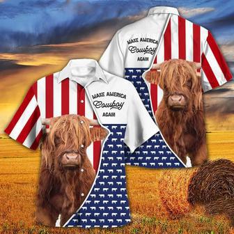 Independence Day Highland Cattle Make America Cowboy Again With American Flag Pattern Hawaii Hawaiian Shirt | Newhawaiianshirts DE